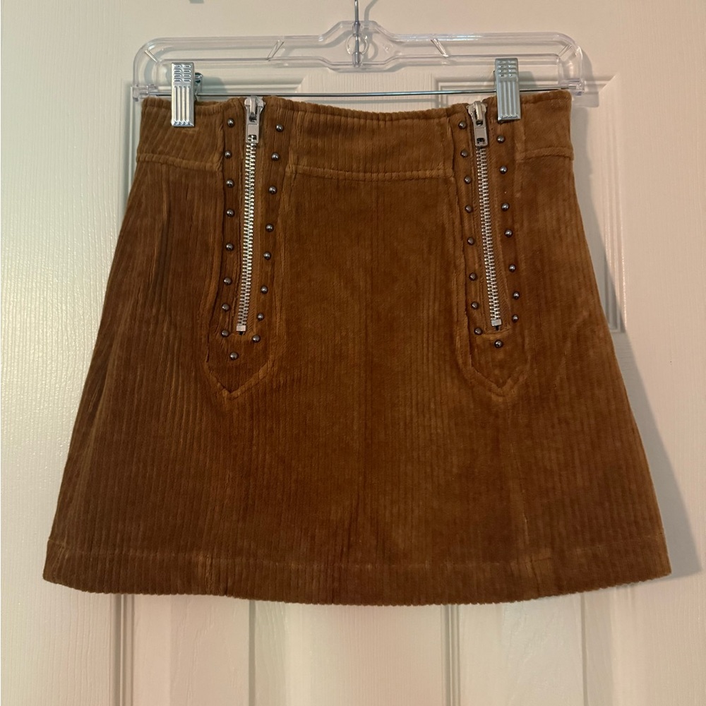 POL Brown Corduroy Mini Skirt with Zipper Accents